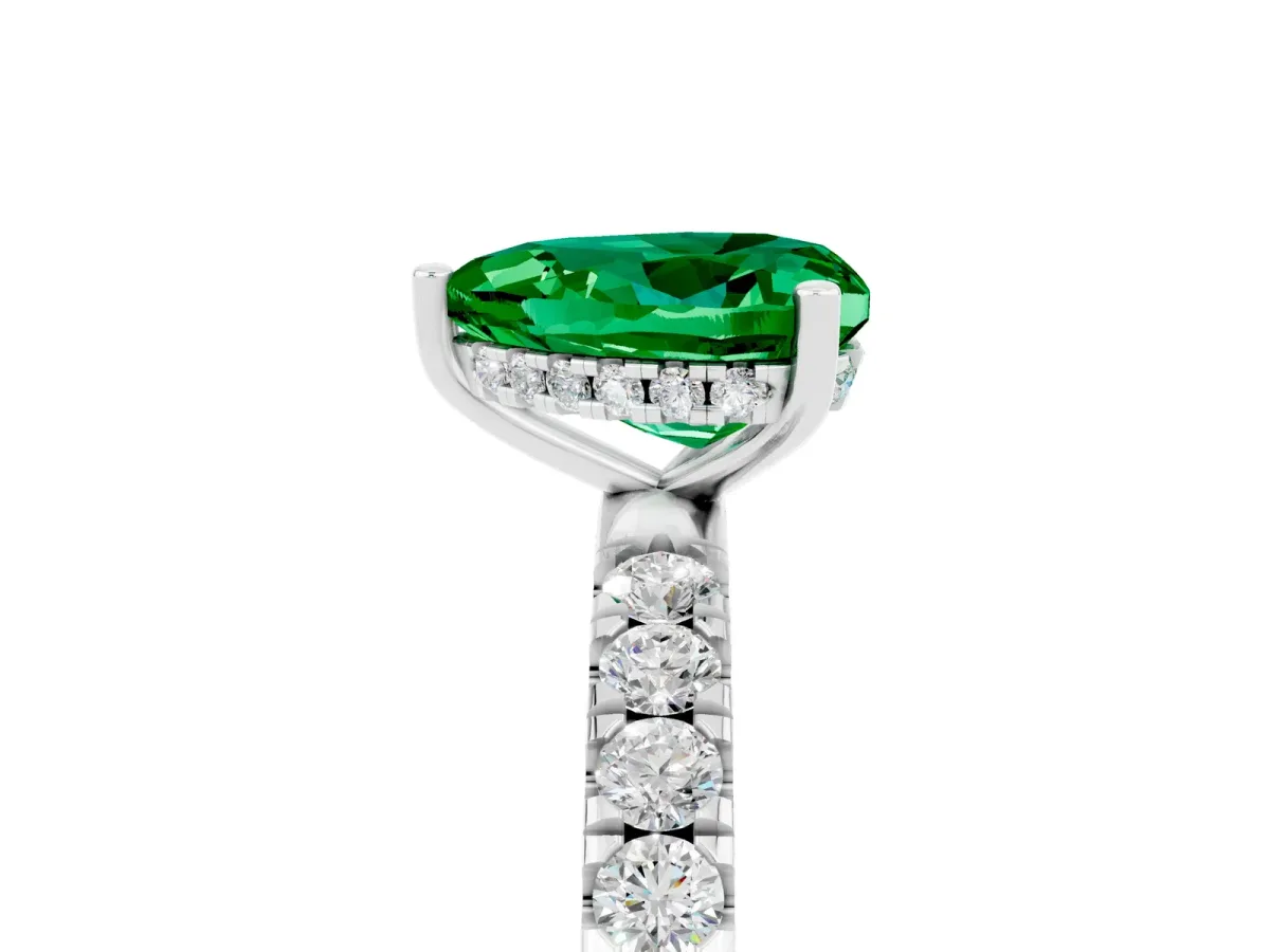 Heart Cut Emerald Pave Band Solitaire Ring with Round and Prong Setting Silver