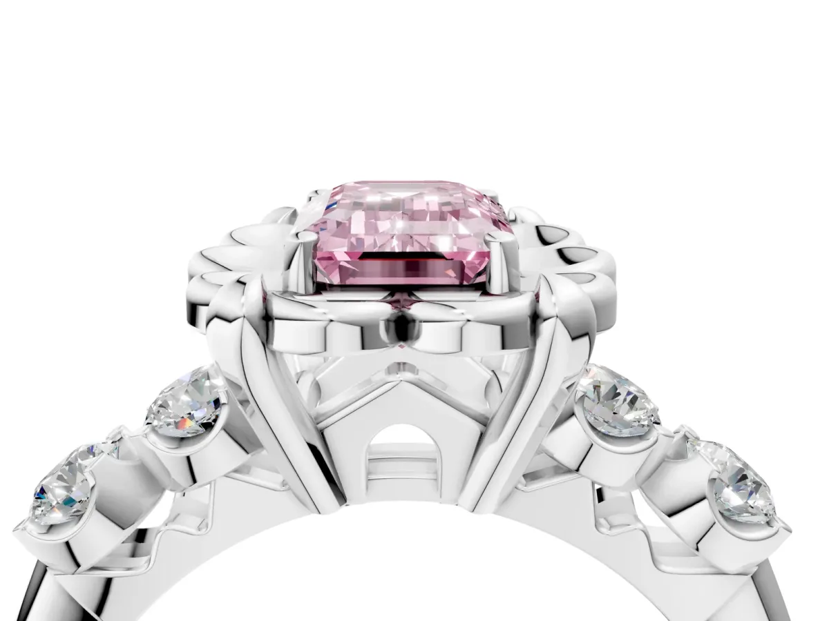 Fancy Pink Emerald Cut Cut Diamond Floral Halo Engagement Ring with Shared Prong Setting Silver