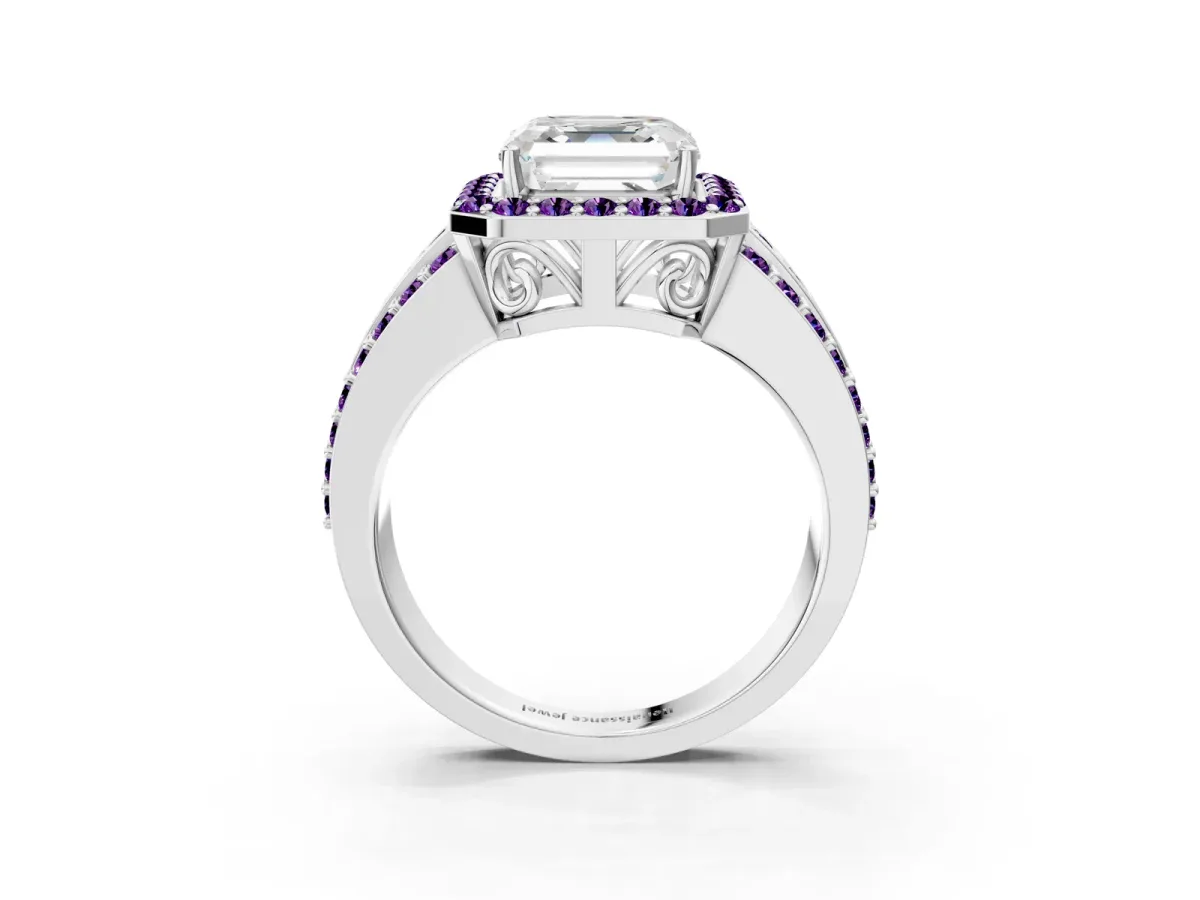 Asscher Cut Halo Diamond Ring with Round Amethyst Split Shank and Prong Setting Silver