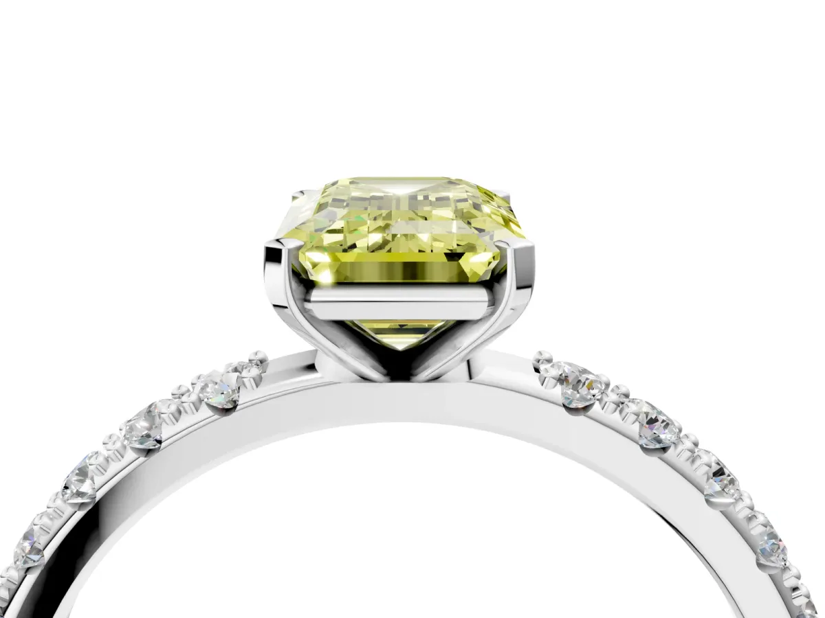 Fancy Yellow Emerald Cut Diamond Solitaire Pavé Band with Four-Prong Setting Silver