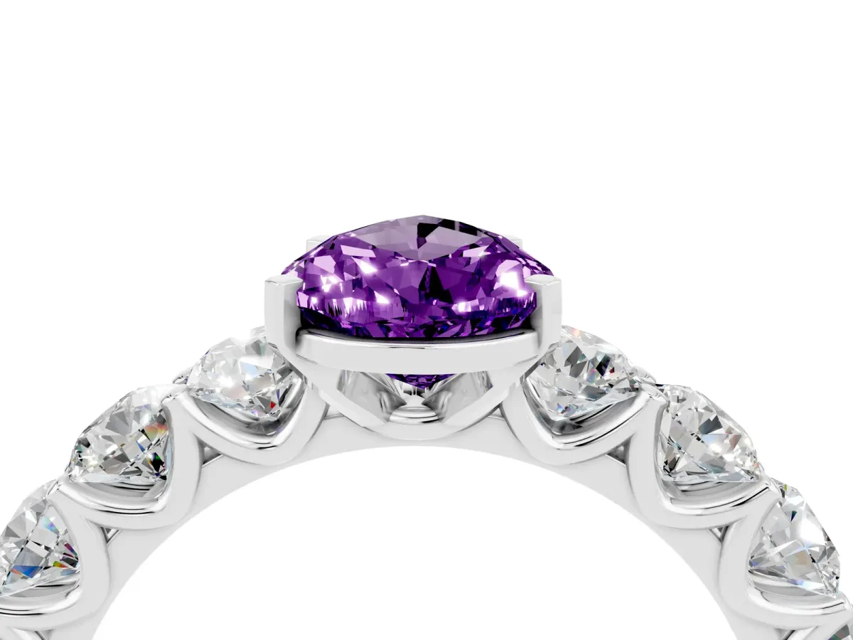 Pear Cut Amethyst Prong Setting with Side Stones on a Pave Band Silver