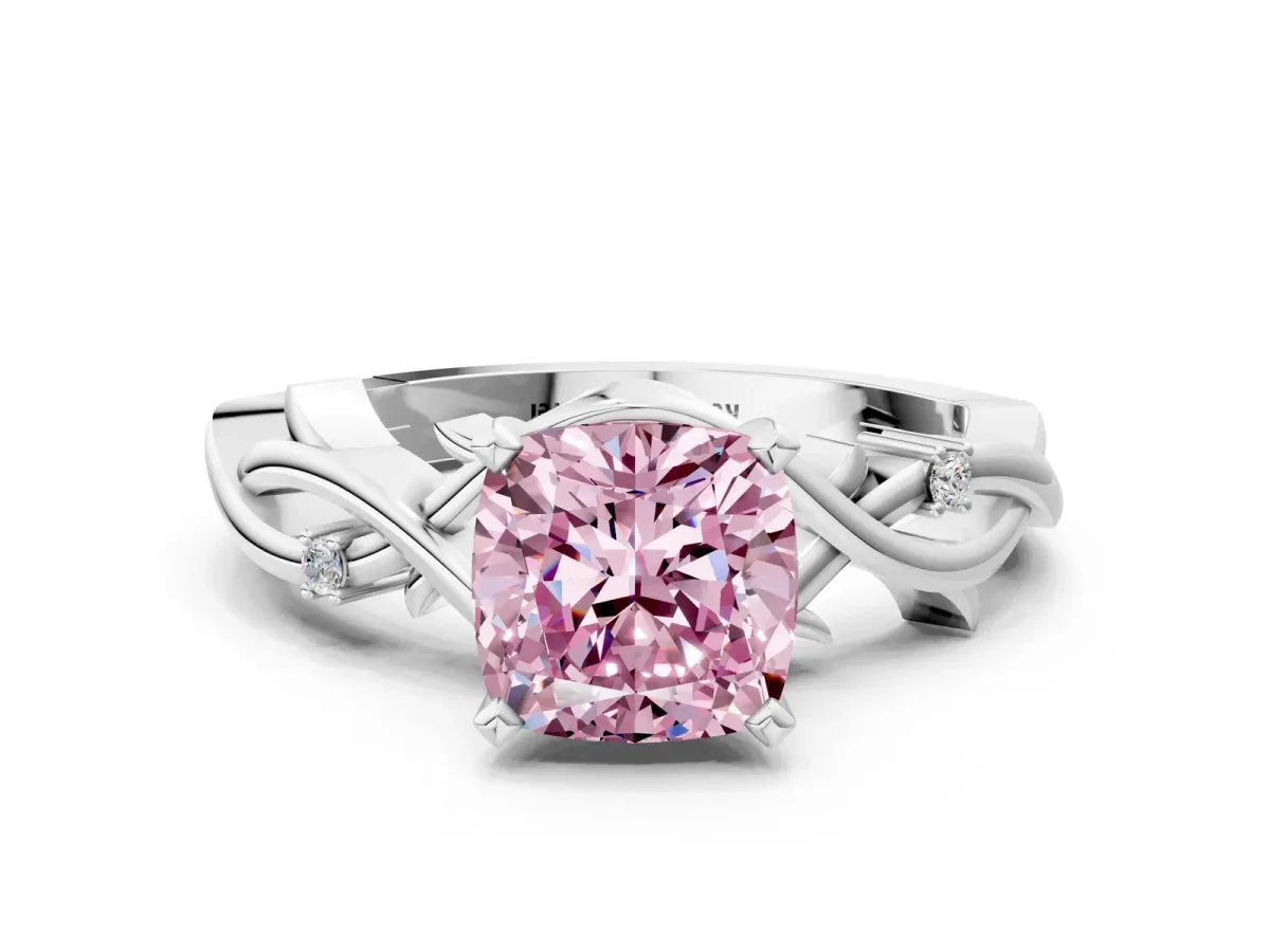 Fancy Pink Cushion Cut Diamond Solitaire Ring with Twisted Band and Prong Setting Silver
