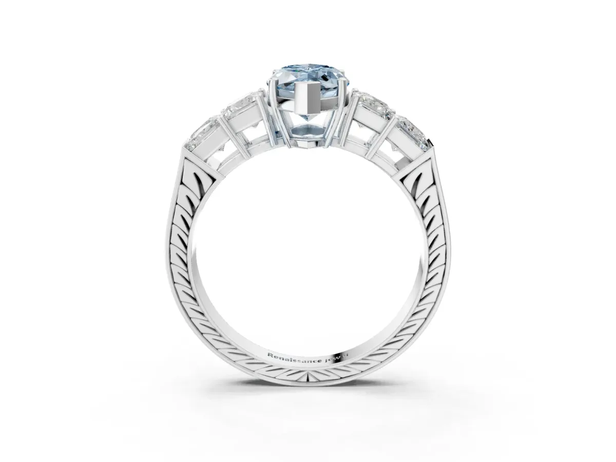 Fancy Blue Marquise Cut Solitaire Princess Side Stone Engraved Band Prong Setting Ring Silver