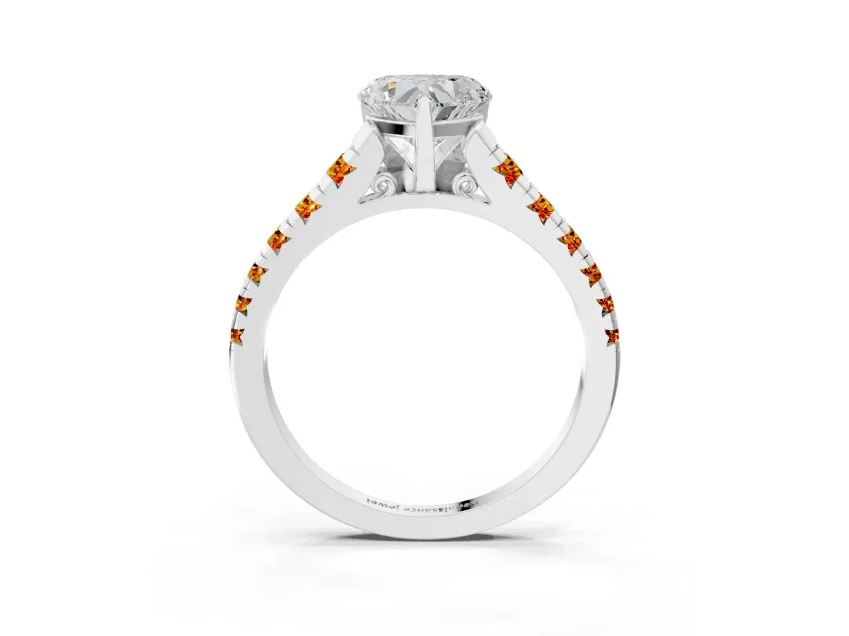 Heart Cut Diamond Cathedral Solitaire Ring with Round Citrine Pavé Band Silver