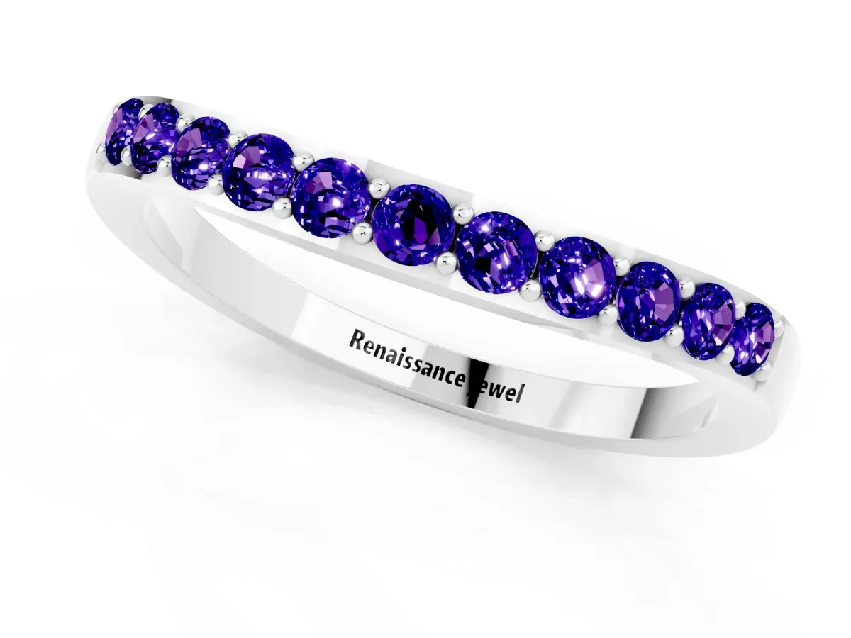 Round Tanzanite Curved Wedding Band with Channel Setting White gold