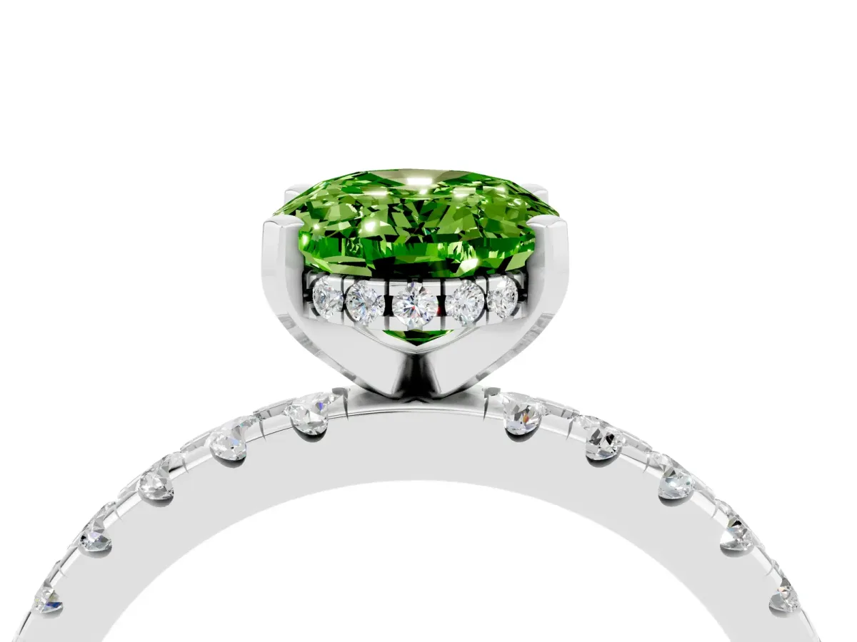 Oval Cut Peridot Solitaire Ring with Round Pavé Band and Four-Prong Setting Silver
