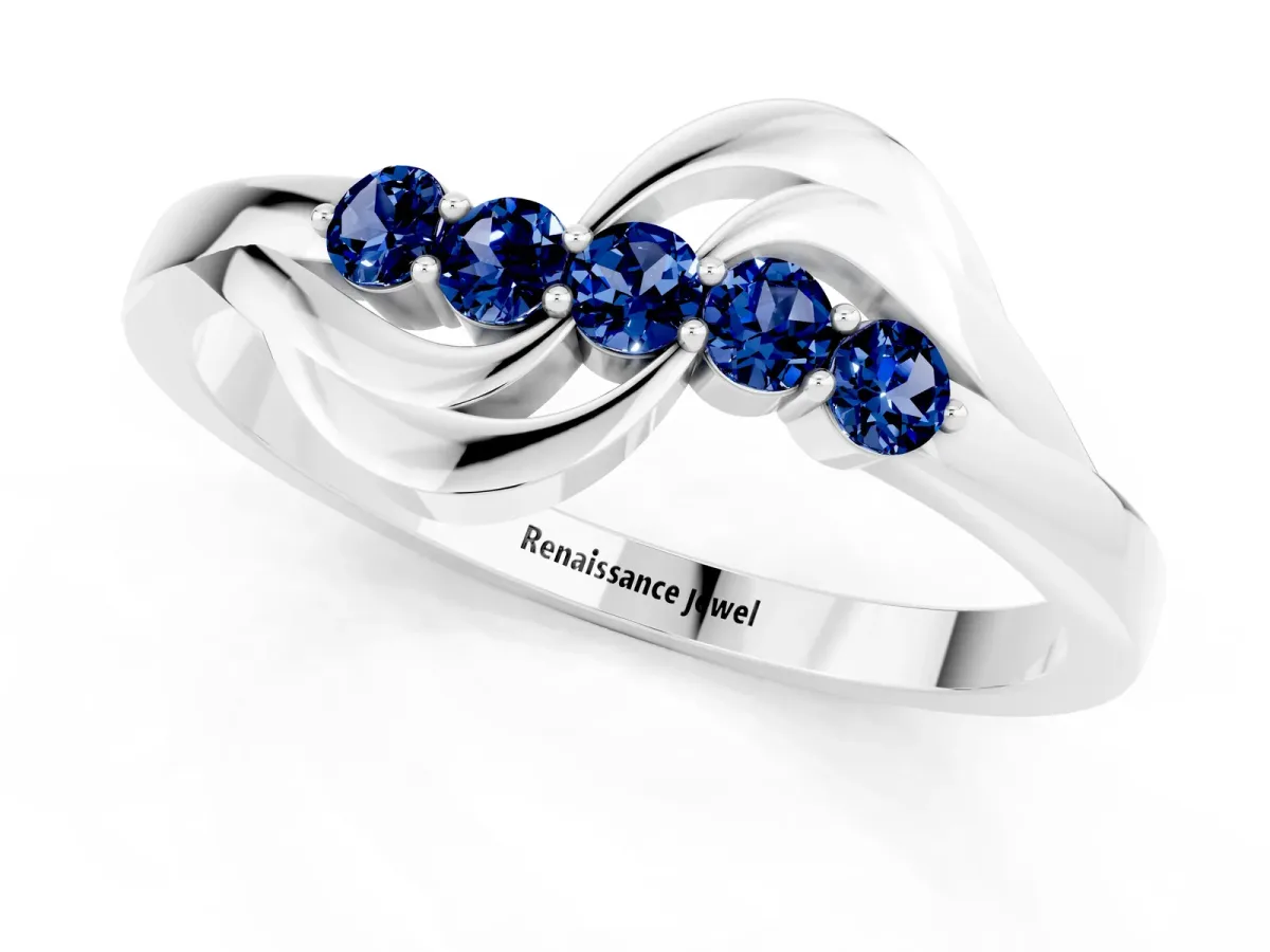 Five-Stone Round Blue Sapphire Crossover Band with Prong Setting White gold