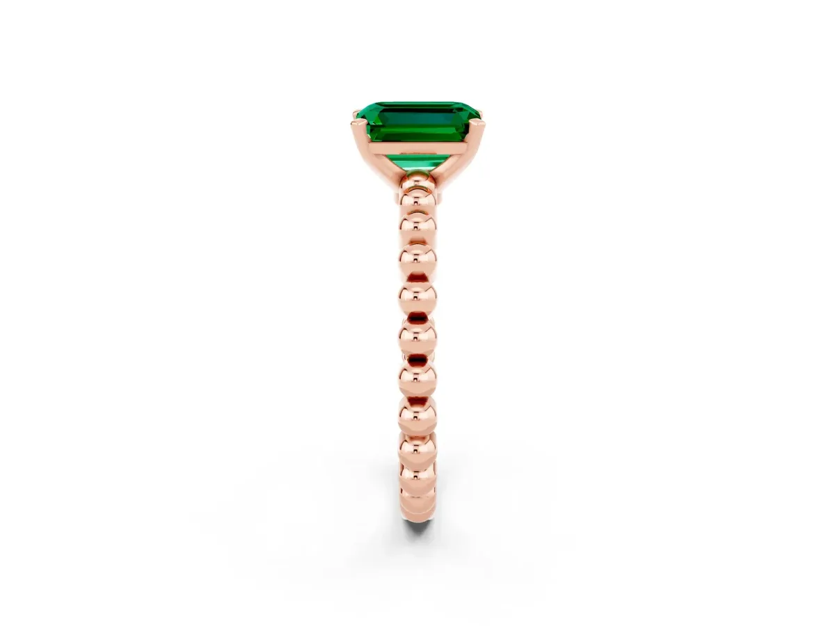 Emerald Cut Emerald Solitaire Ring with Beaded Band and Prong Setting Rose gold