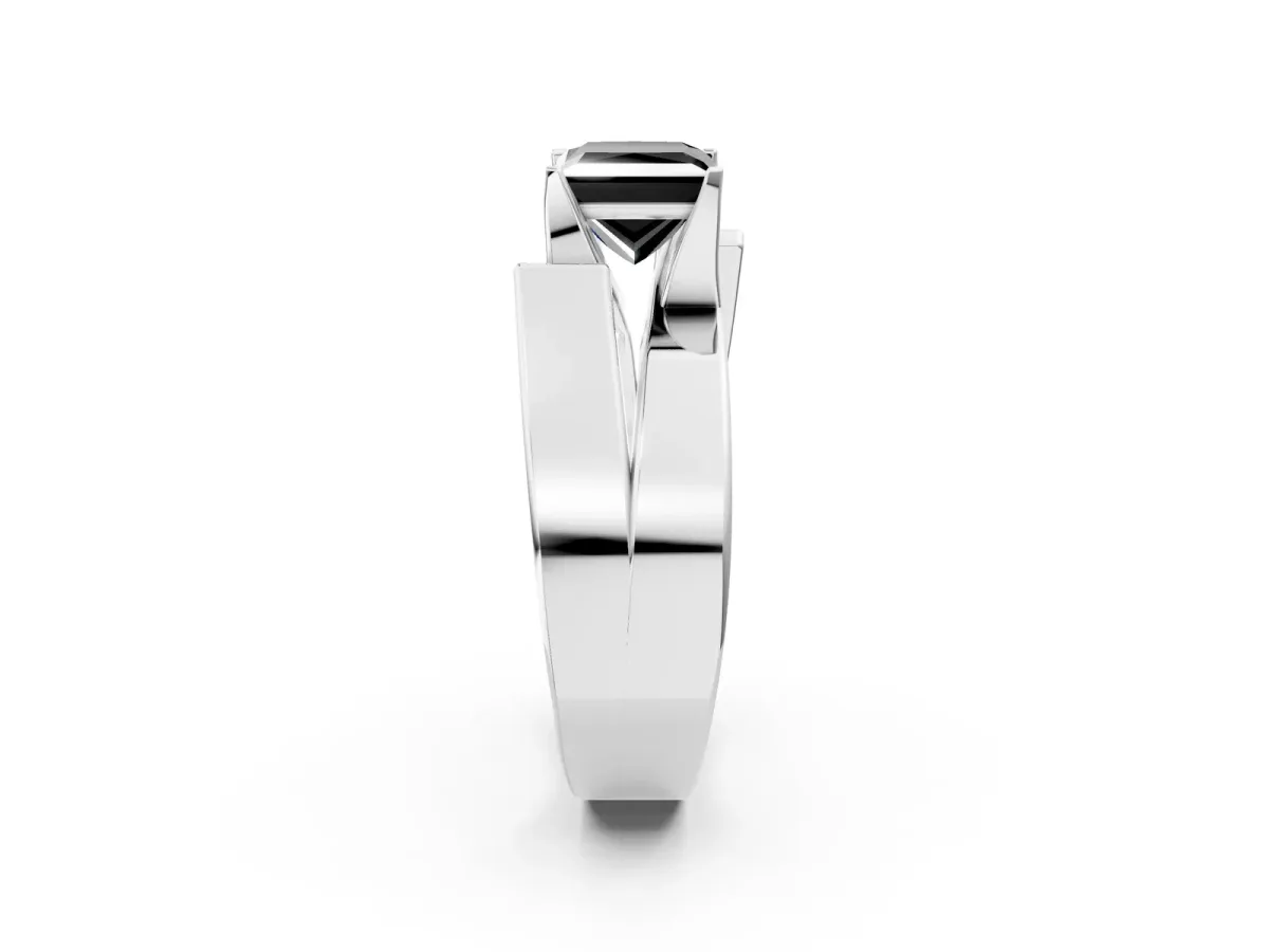 Fancy Black Modern Tension Set Princess Cut Diamond Solitaire Wide Band Ring Silver