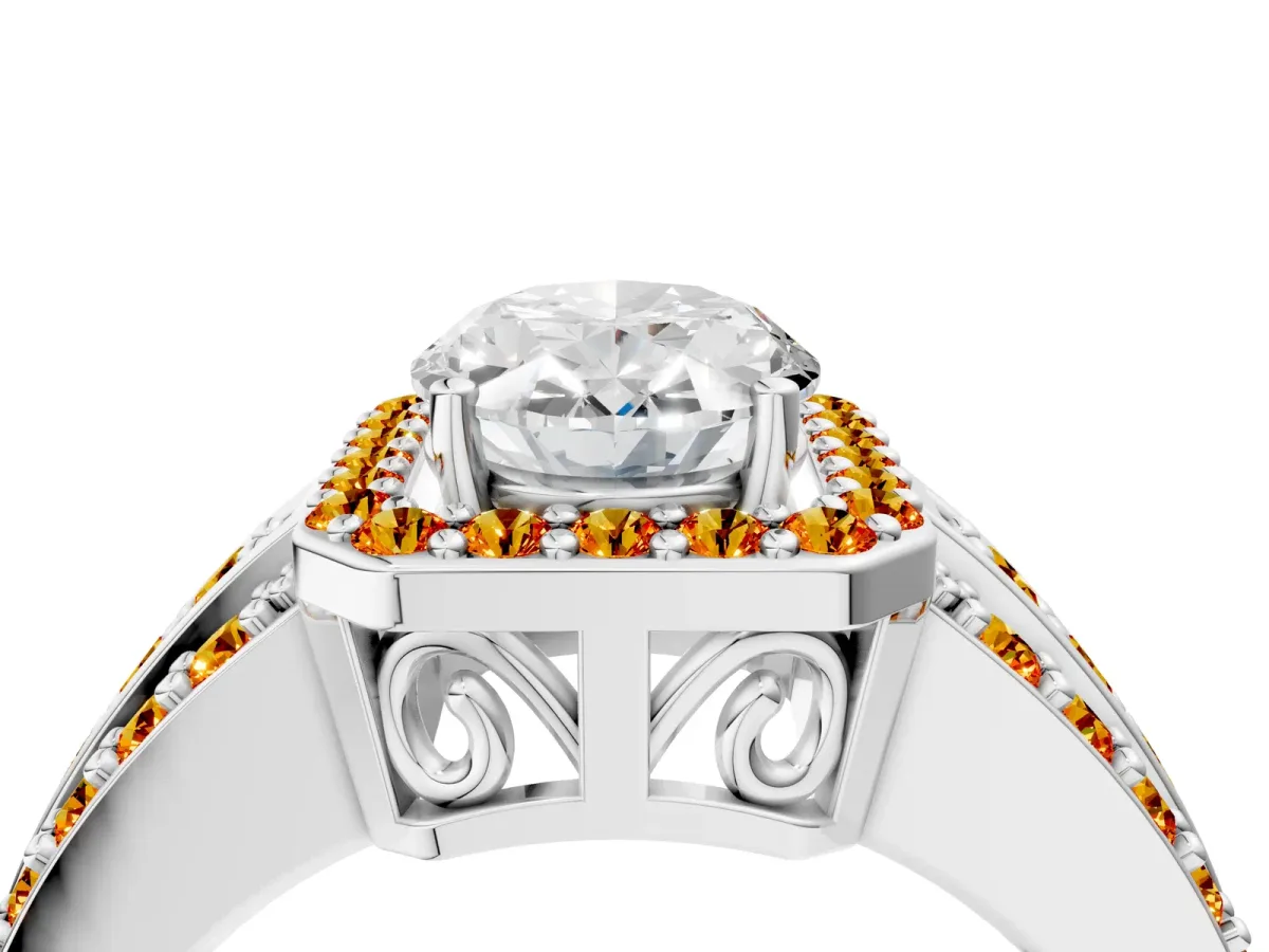 Oval Cut Halo Diamond Ring with Round Citrine Split Shank and Prong Setting Silver
