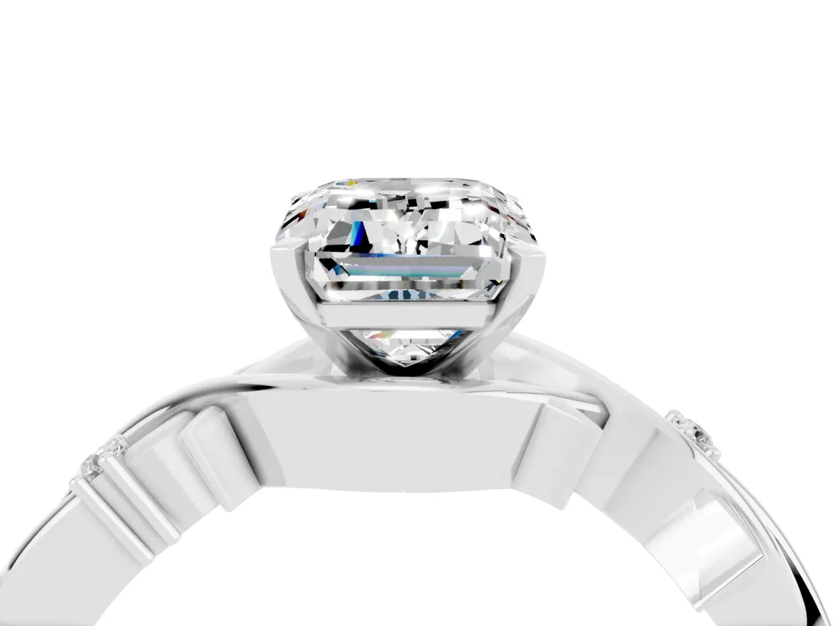 Emerald Cut Moissanite Solitaire Ring with Twisted Band and Prong Setting Silver