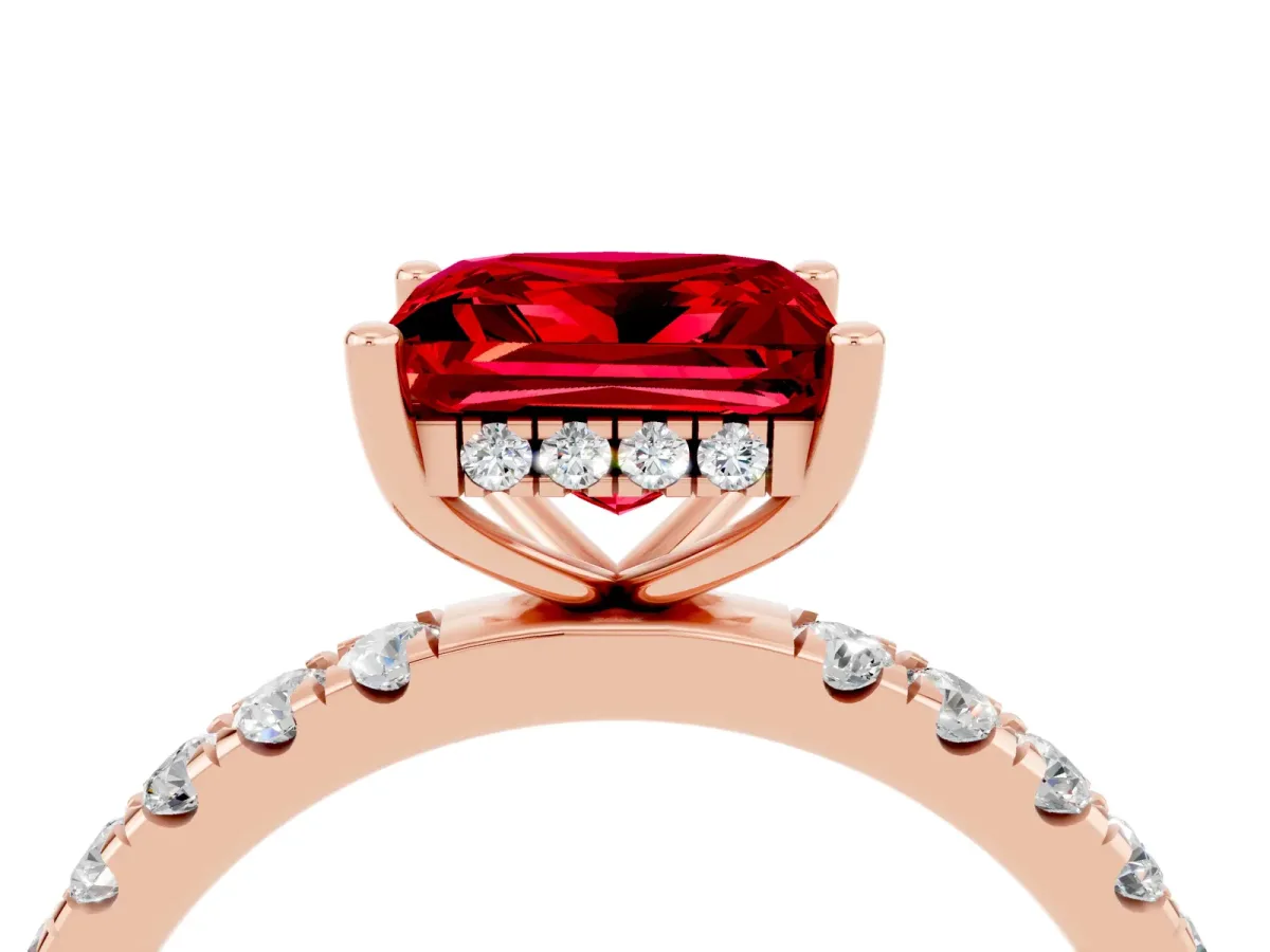 Princess Cut Ruby Pave Band Solitaire Ring with Round and Prong Setting Rose gold