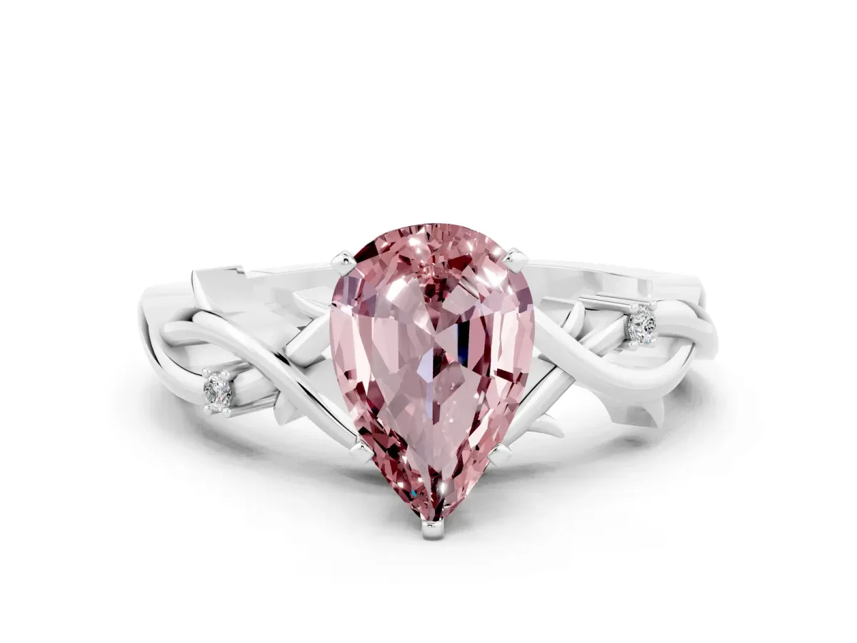 Pear Cut Morganite Solitaire Ring with Twisted Band and Prong Setting White gold