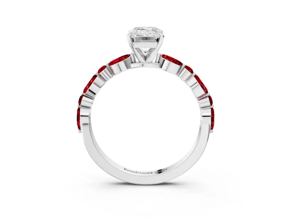 Emerald Cut Diamond Ring with Marquise and Round Ruby Side Stones and Four-Prong Setting Silver