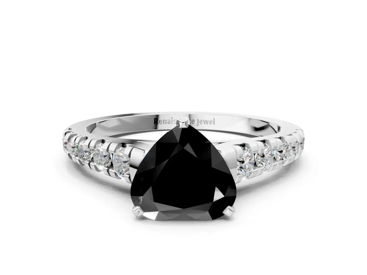 Fancy Black Heart Cut Diamond Cathedral Solitaire Ring with Round Pavé Band Silver