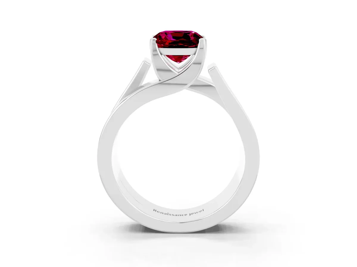 Modern Tension Set Cushion Cut Garnet Solitaire Wide Band Ring Silver