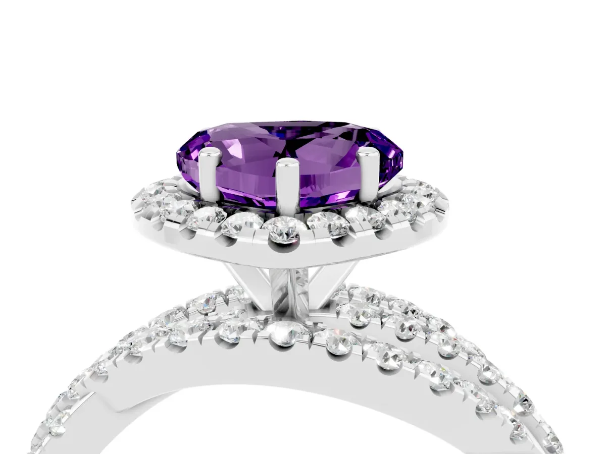 Heart Cut Amethyst Halo Ring with Round Split Shank and Prong Setting Platinum