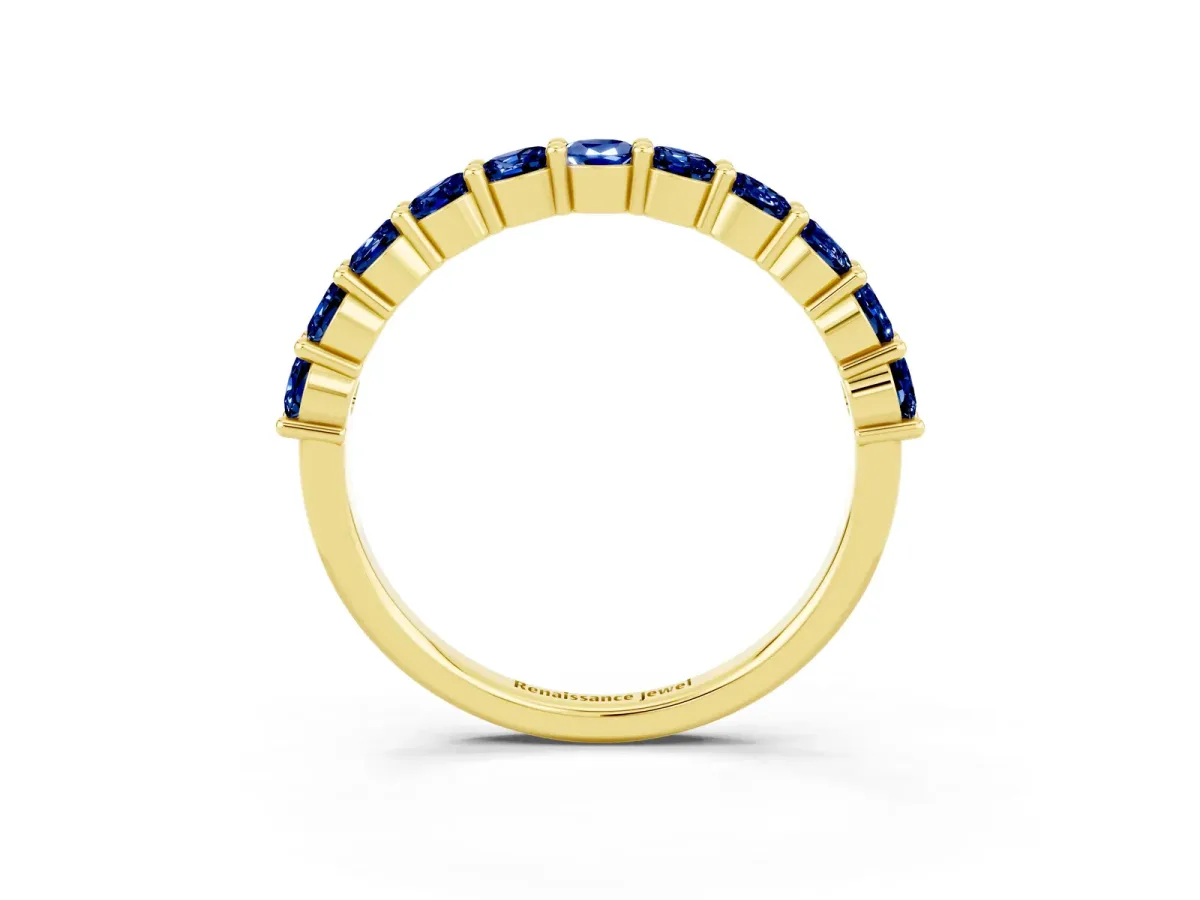 Round Blue Sapphire Half Eternity Band with Prong Setting Yellow gold