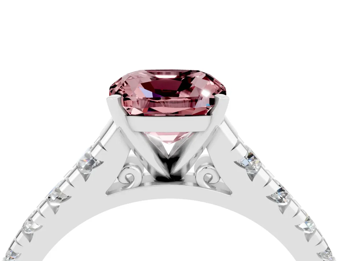 Cushion Cut Morganite Cathedral Solitaire Ring with Round Pavé Band Silver
