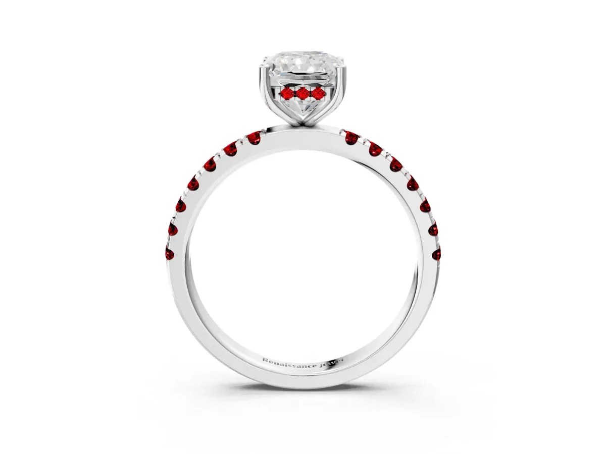Radiant Cut Diamond Pave Band Solitaire Ring with Round Ruby and Prong Setting White gold