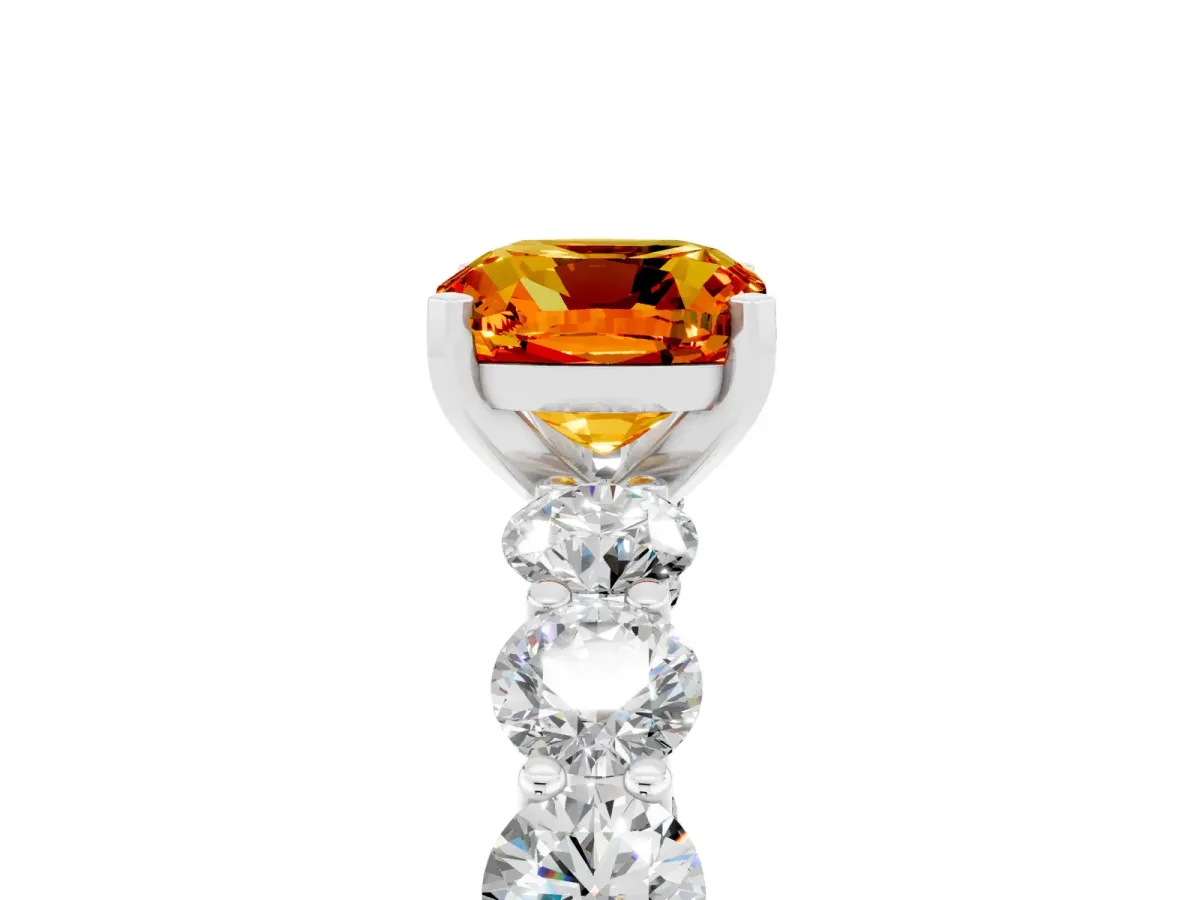 Cushion Cut Citrine Prong Setting with Side Stones on a Pave Band Silver