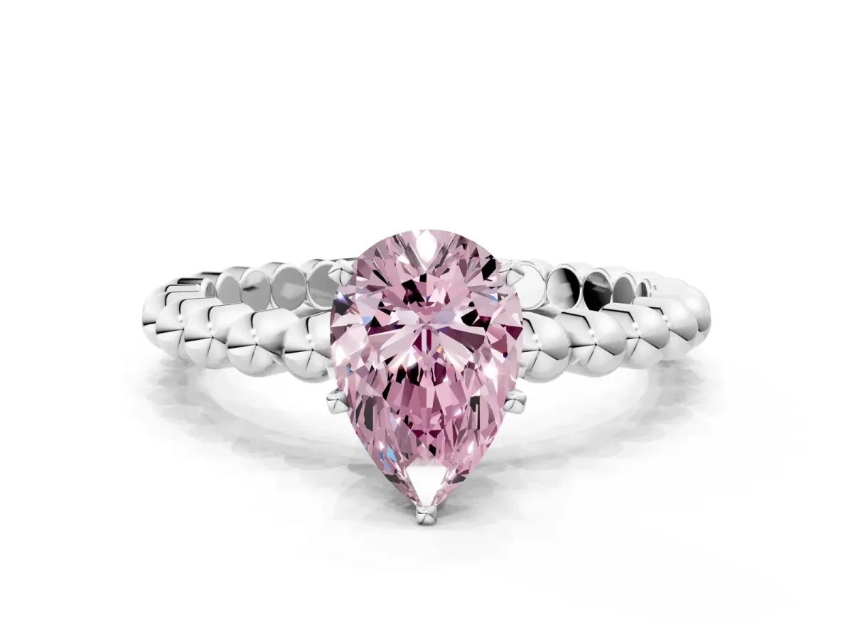 Fancy Pink Pear Cut Diamond Solitaire Ring with Beaded Band and Prong Setting Platinum