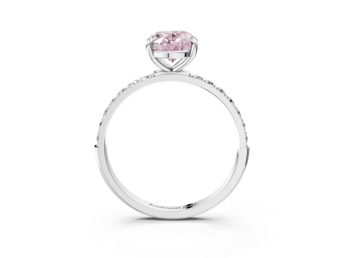 Fancy Pink Oval Cut Diamond Solitaire Ring with Round Pavé Band and Prong Setting Silver