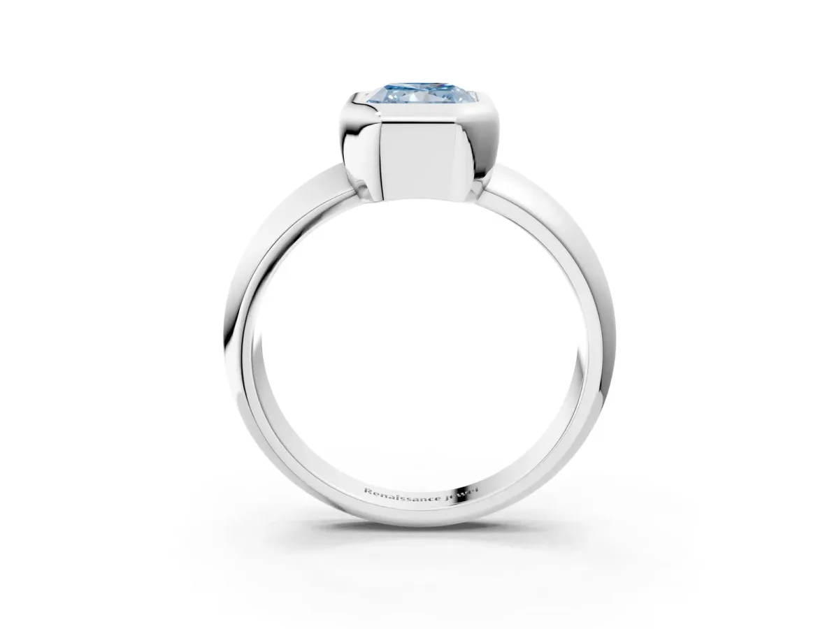 Fancy Blue Bezel Set Radiant Cut Solitaire Ring with Wide Band Platinum