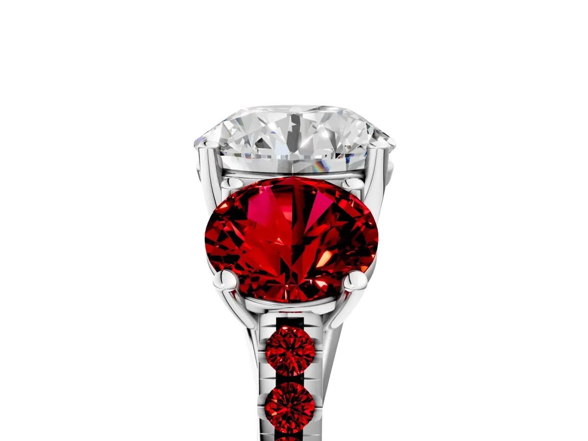 Three-Stone Round Cut Diamond Ring with Round Ruby Pavé Band and Prong Setting White gold