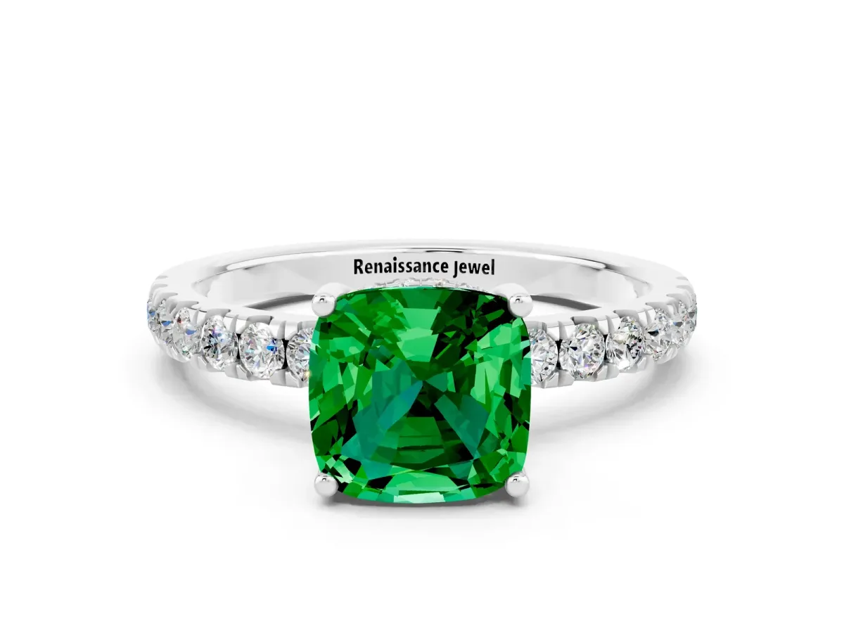 Cushion Cut Emerald Pave Band Solitaire Ring with Round and Prong Setting Platinum