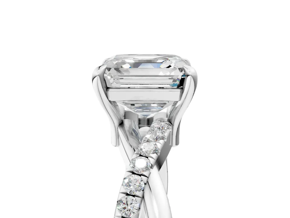 Asscher Cut Cut Twist Band Solitaire Diamond Ring with Pavé Setting Platinum
