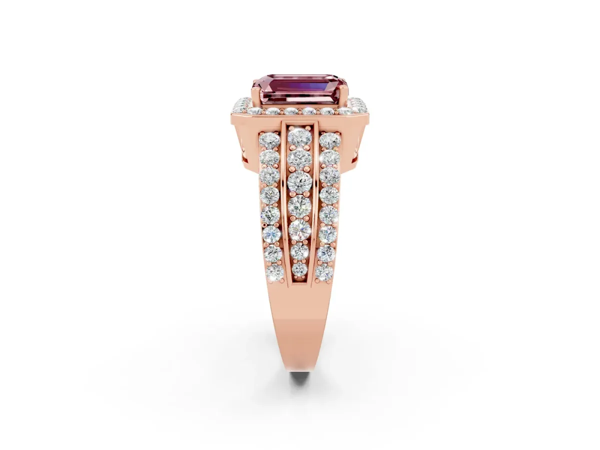 Emerald Cut Halo Morganite Ring with Round Split Shank and Prong Setting Rose gold