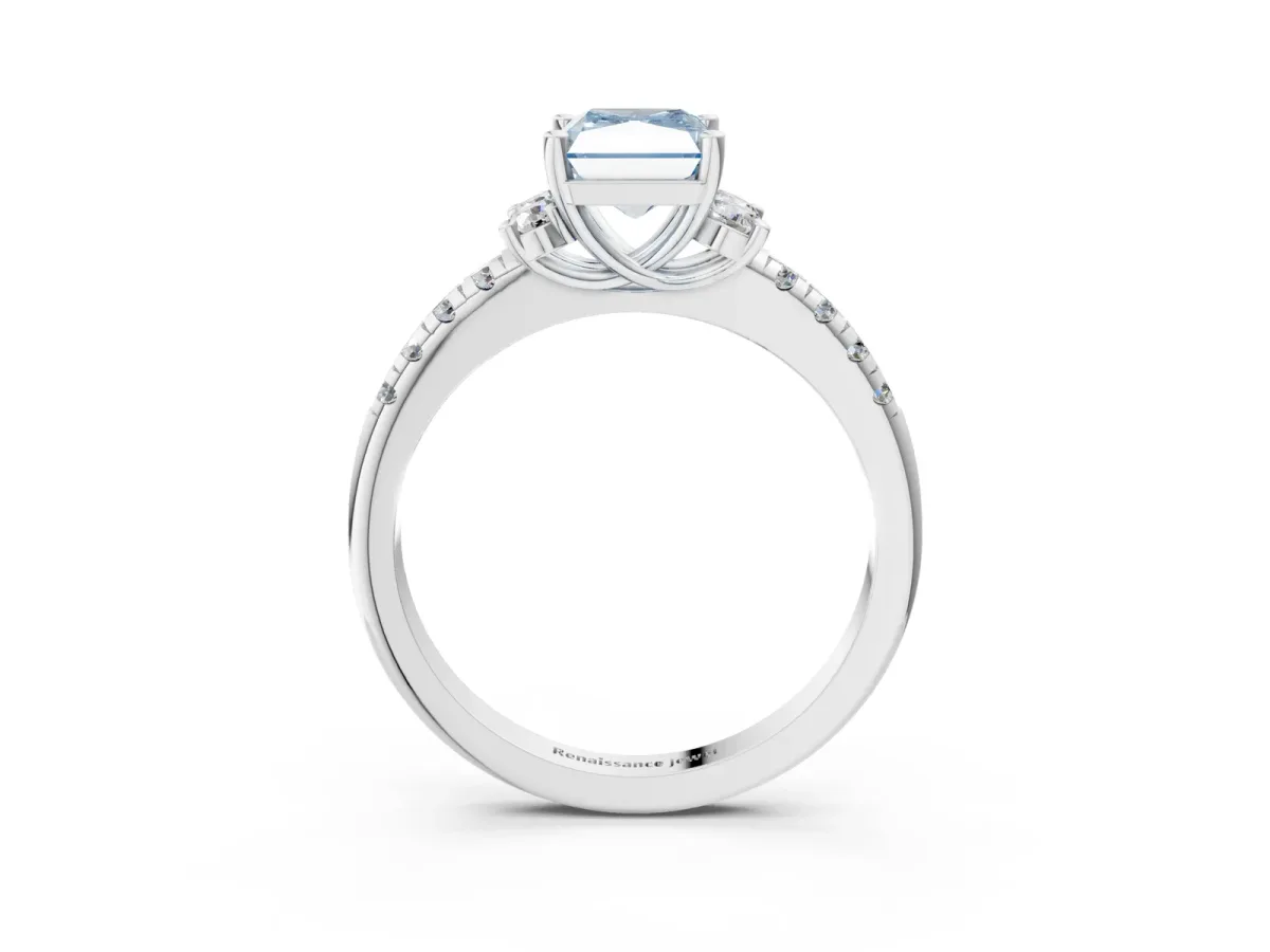 Fancy Blue Radiant Cut Diamond Three-Stone Pave Band with Four-Prong Setting Platinum