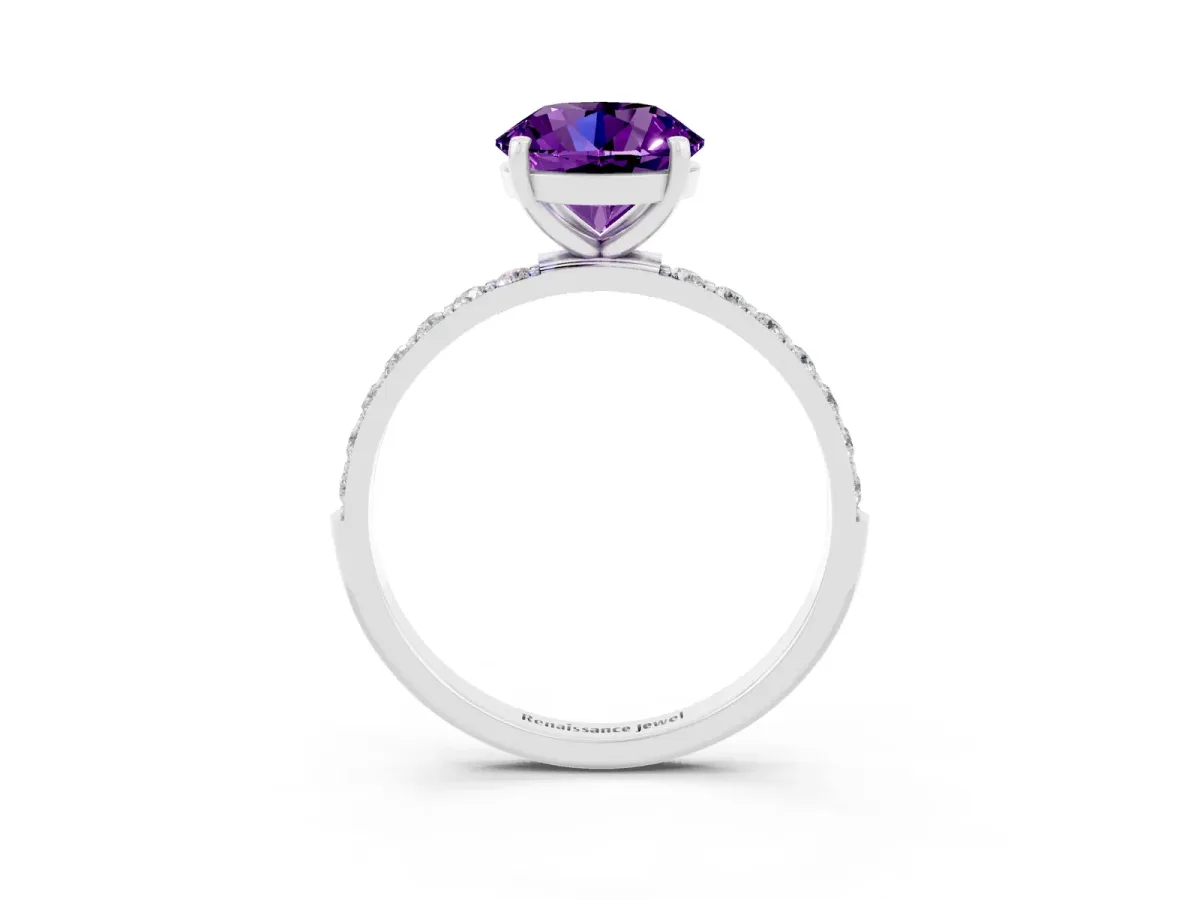 Round Cut Amethyst Solitaire Ring with Round Pavé Band and Prong Setting Silver