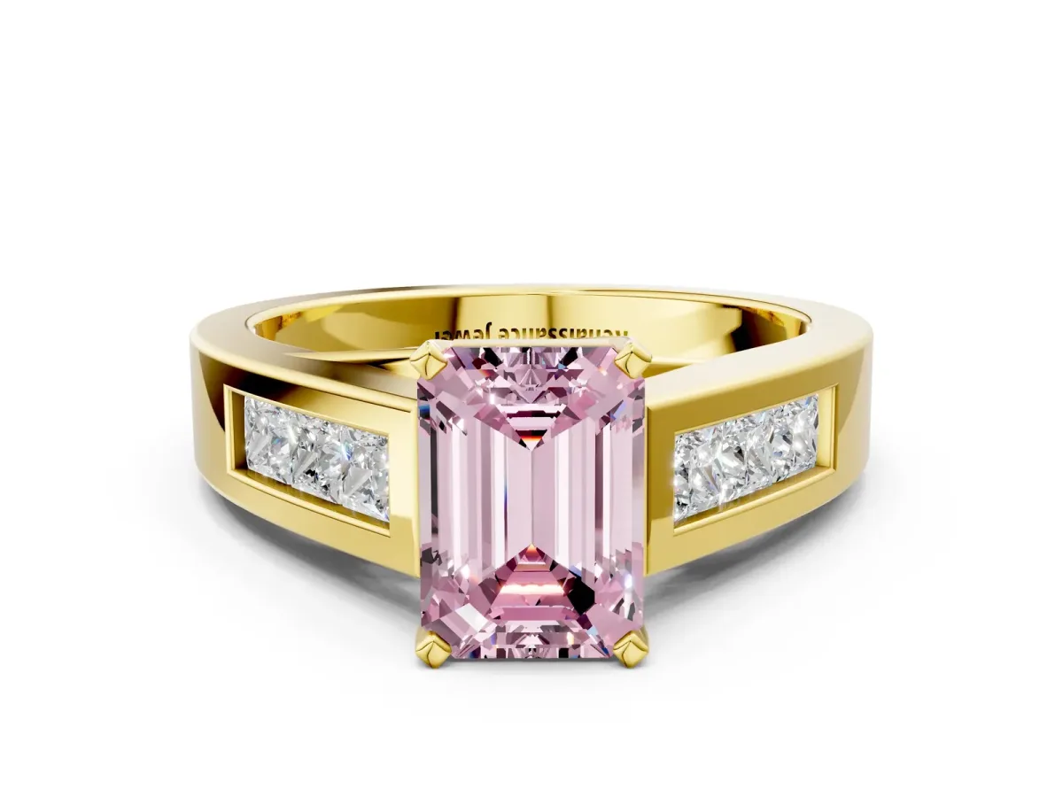 Fancy Pink Emerald Cut Cut Channel Set Solitaire Ring with Four-Prong Setting Yellow gold