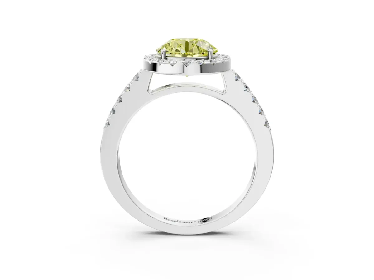 Fancy Yellow Round Cut Halo Diamond Pavé Solitaire Ring Platinum