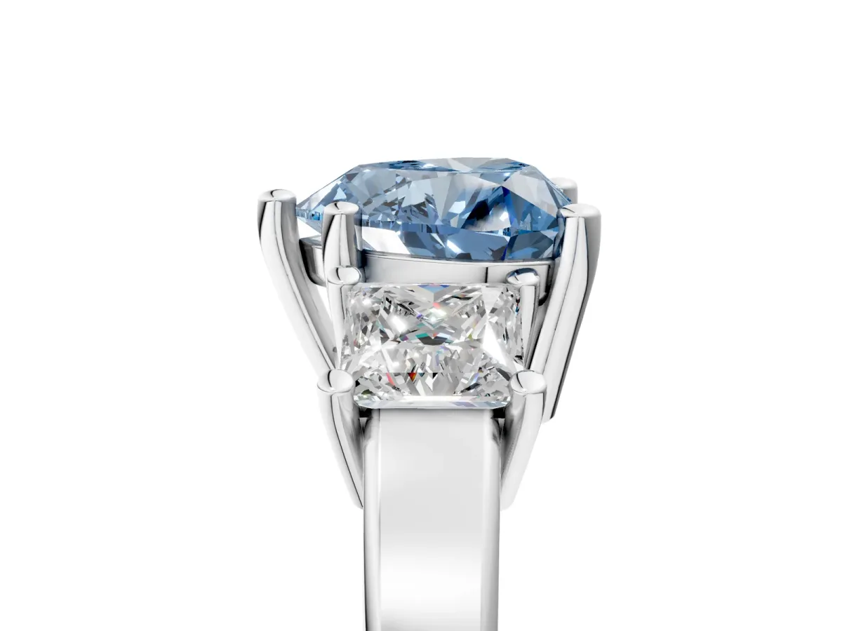 Fancy Blue Three-Stone Heart Cut Cut Solitaire Ring with Prong Setting Platinum