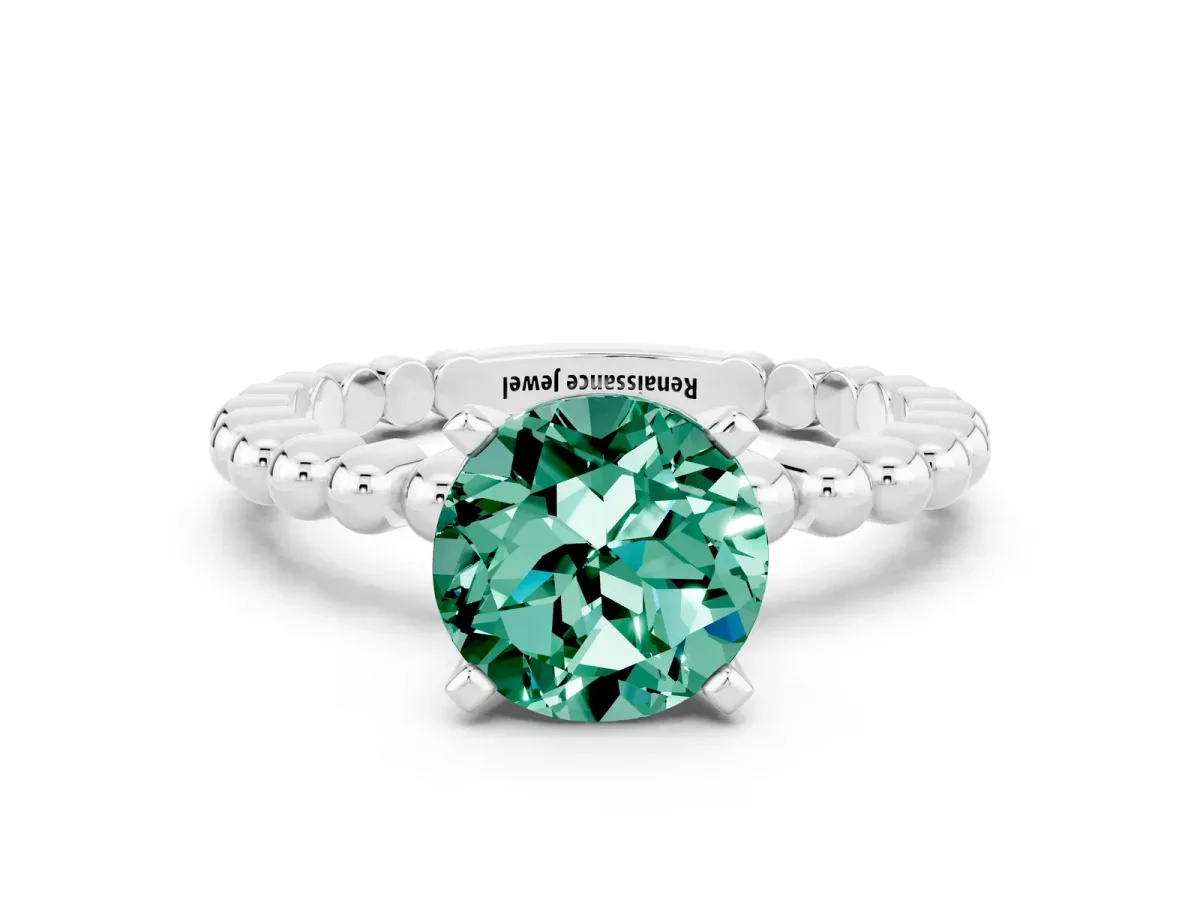 Round Cut Green Sapphire Solitaire Ring with Beaded Band and Prong Setting Platinum