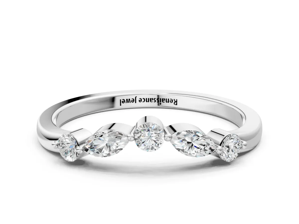 Round and Marquise Diamond Half Eternity Band with Prong Setting Silver
