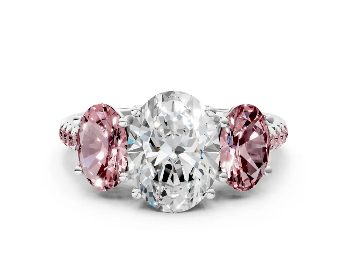 Three-Stone Oval Cut Diamond Ring with Round Morganite Pavé Band and Prong Setting Silver