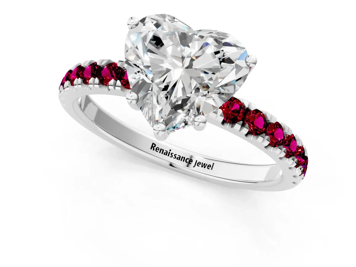 Heart Cut Diamond Pave Band Solitaire Ring with Round Garnet and Prong Setting Silver