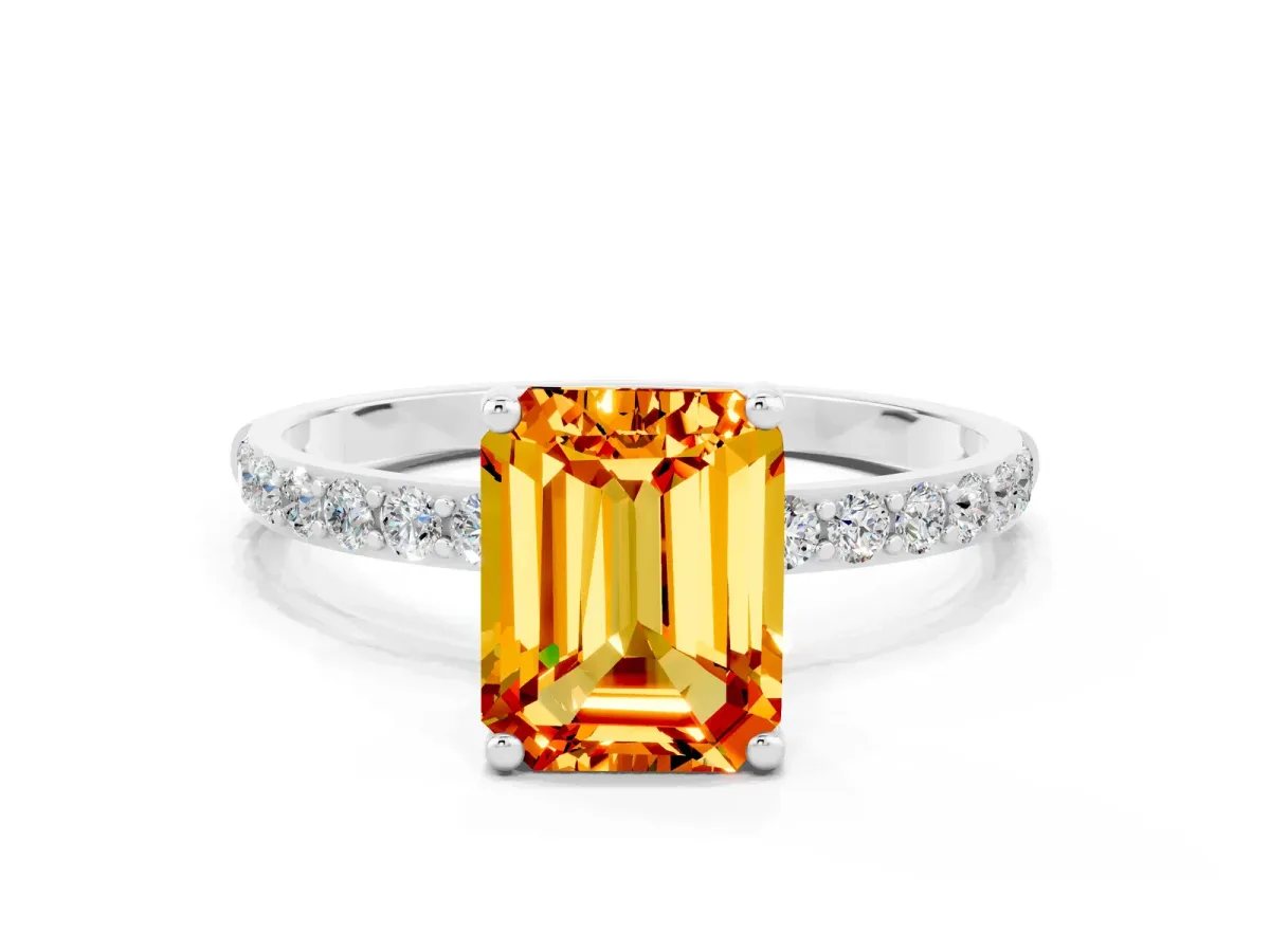 Emerald Cut Citrine Solitaire Ring with Round Pavé Band and Prong Setting Platinum