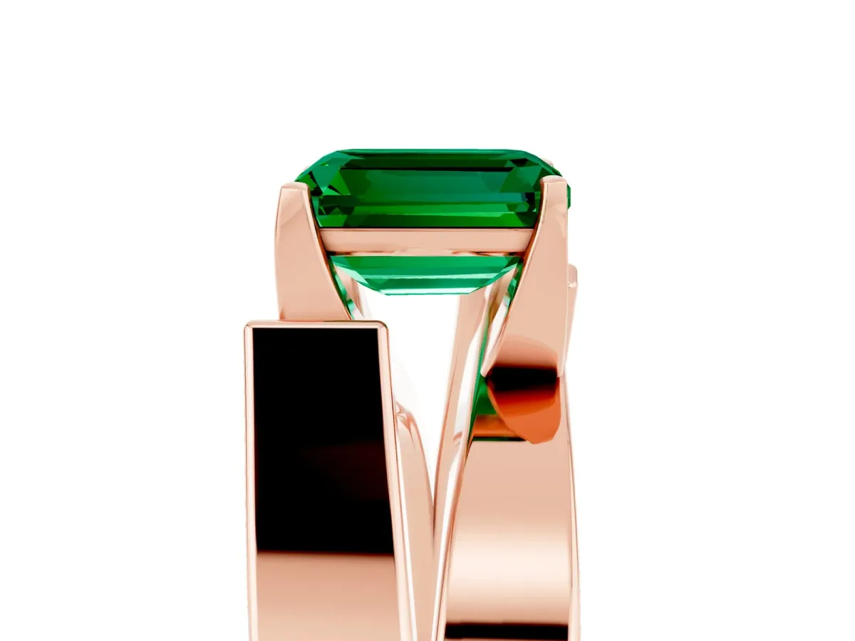 Modern Tension Set Emerald Cut Emerald Solitaire Wide Band Ring Rose gold