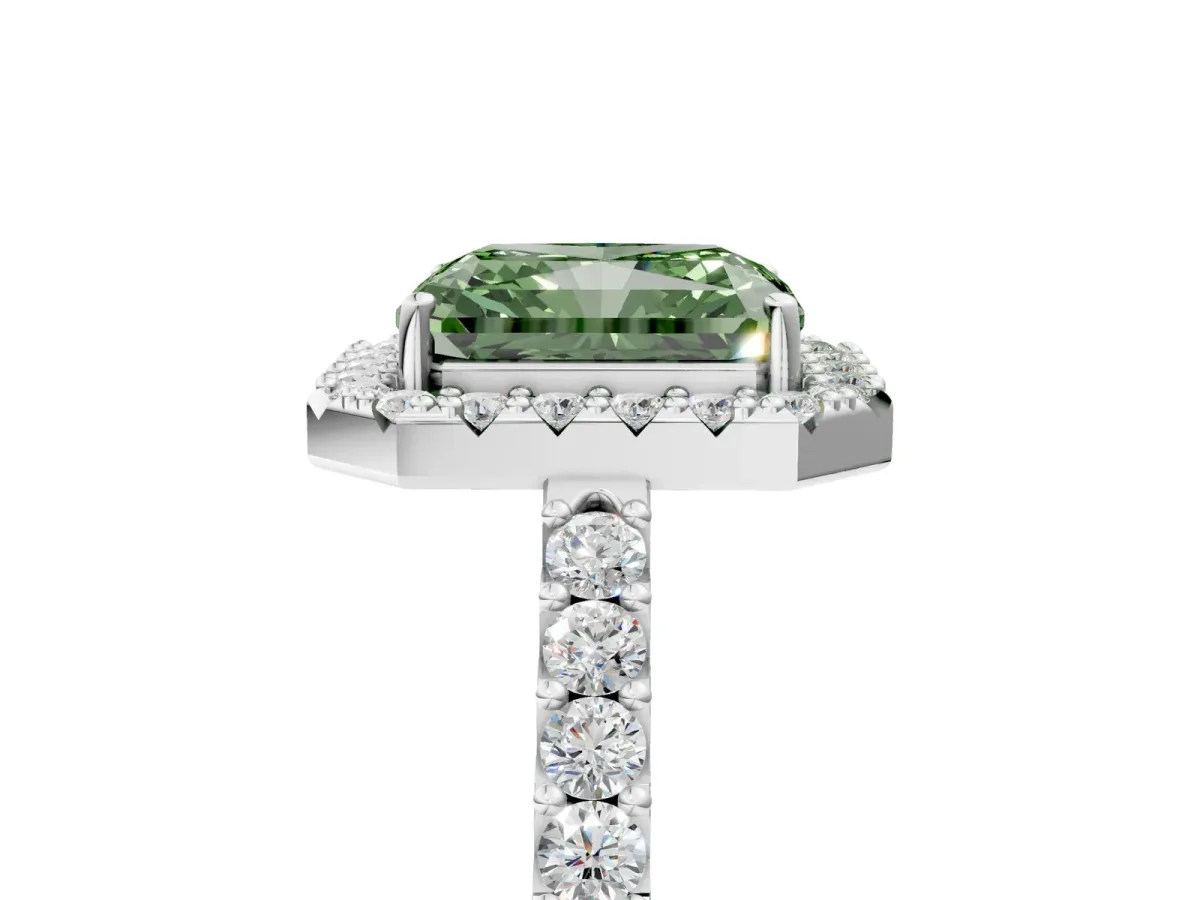 Fancy Green Radiant Cut Halo Diamond Pavé Solitaire Ring Silver