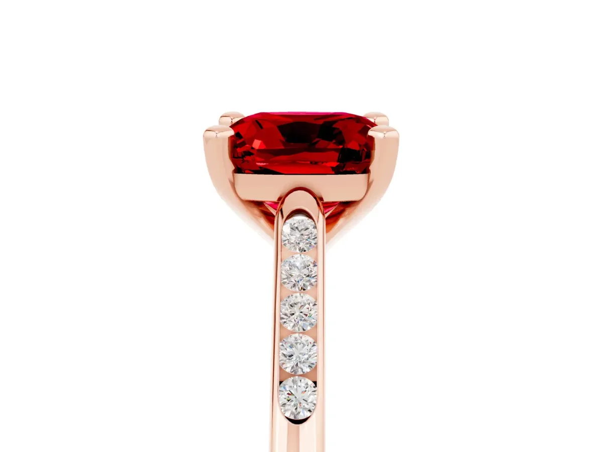 Cushion Cut Ruby Solitaire Ring with Channel Set Round Band and Prong Setting Rose gold