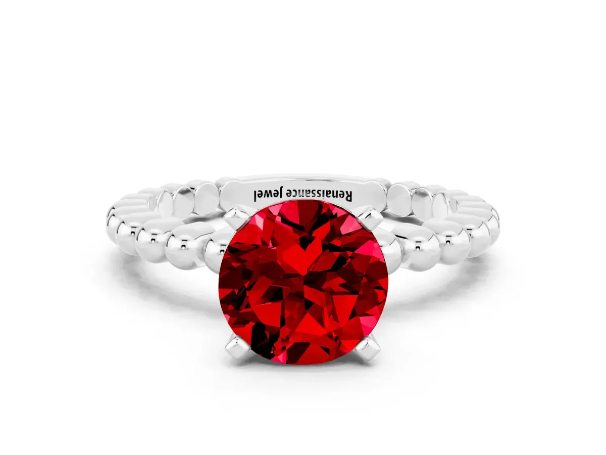 Round Cut Ruby Solitaire Ring with Beaded Band and Prong Setting Silver