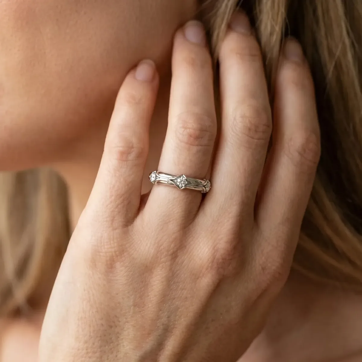 Round Diamond Prong Set Milgrain Eternity Band Silver