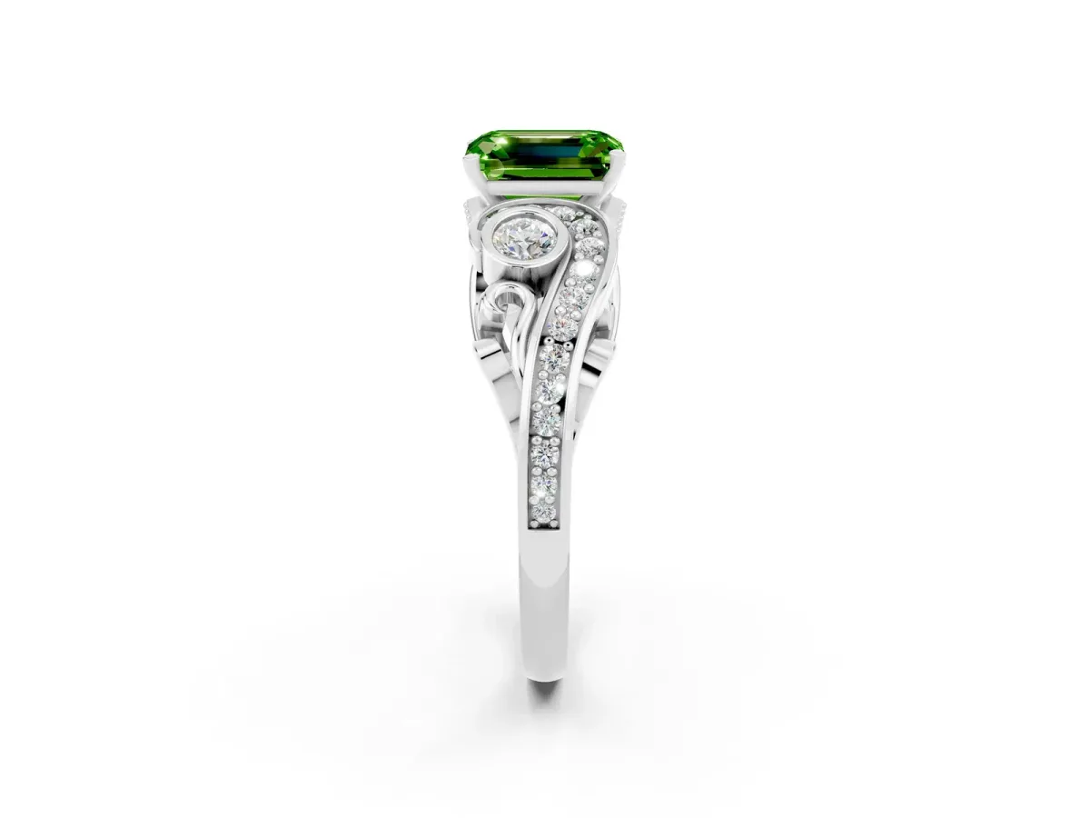 Emerald Cut Peridot Solitaire Ring with Milgrain Pavé Band and Four-Prong Setting Silver