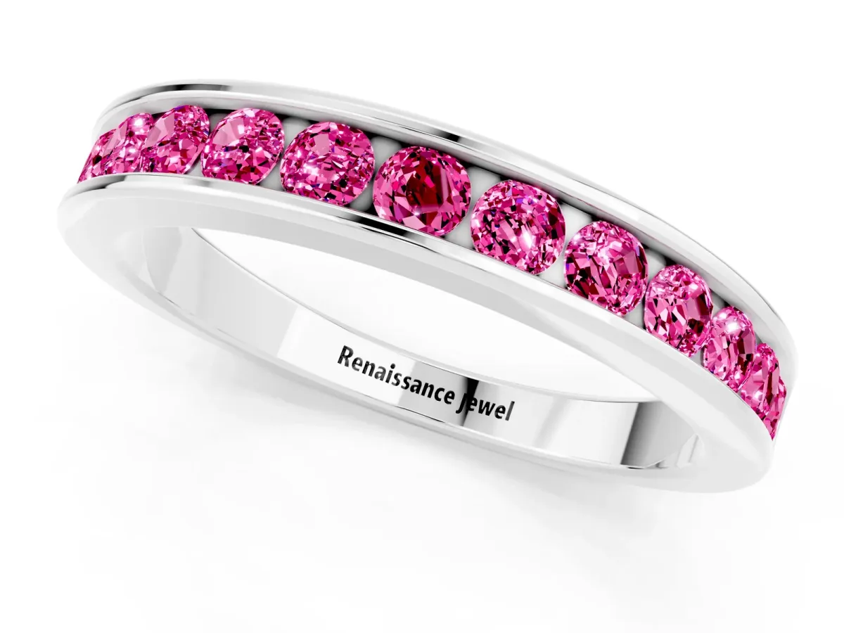 Channel Set Round Pink Sapphire Eternity Band Silver