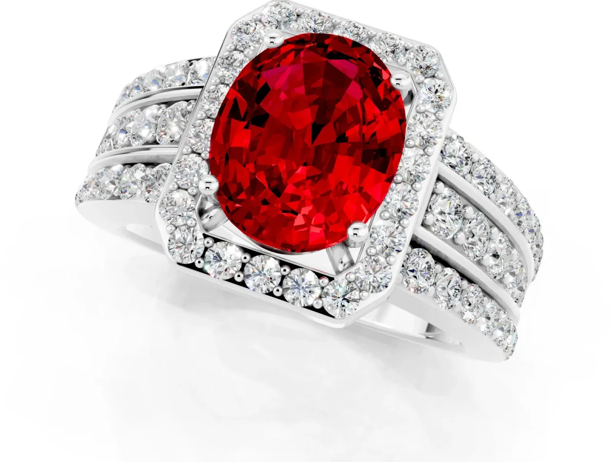 Oval Cut Halo Ruby Ring with Round Split Shank and Prong Setting Silver